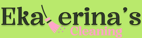 Logo for Ekaterinas Cleaning featuring a cheerful person holding cleaning supplies with the business name Ekaterinas Cleaning displayed in friendly lettering on a bright background, conveying a welcoming and professional atmosphere